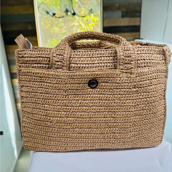 Coach Woven Straw Tote in Tan with Black Logo - Picture 4 of 6